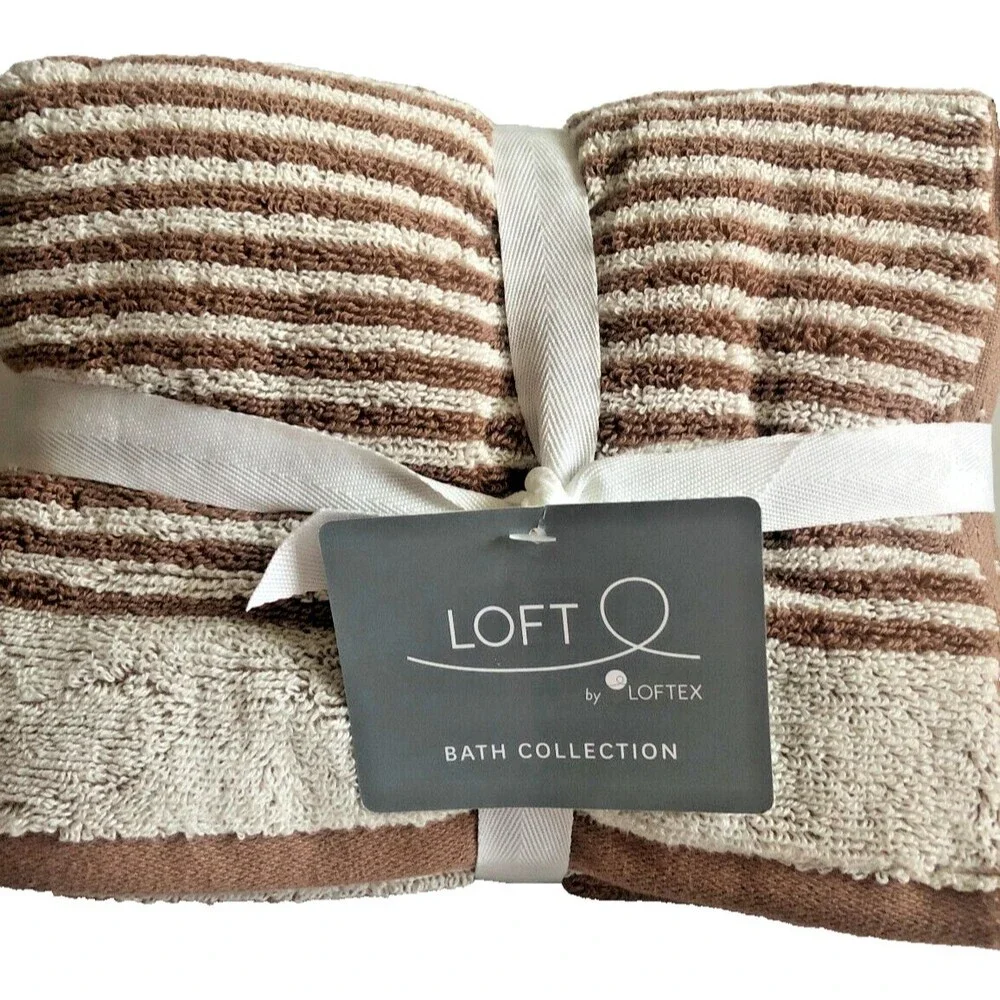 Loft Hand Towels Coffee Beige Striped Bathroom Super Soft Autumn Fall Set of 2